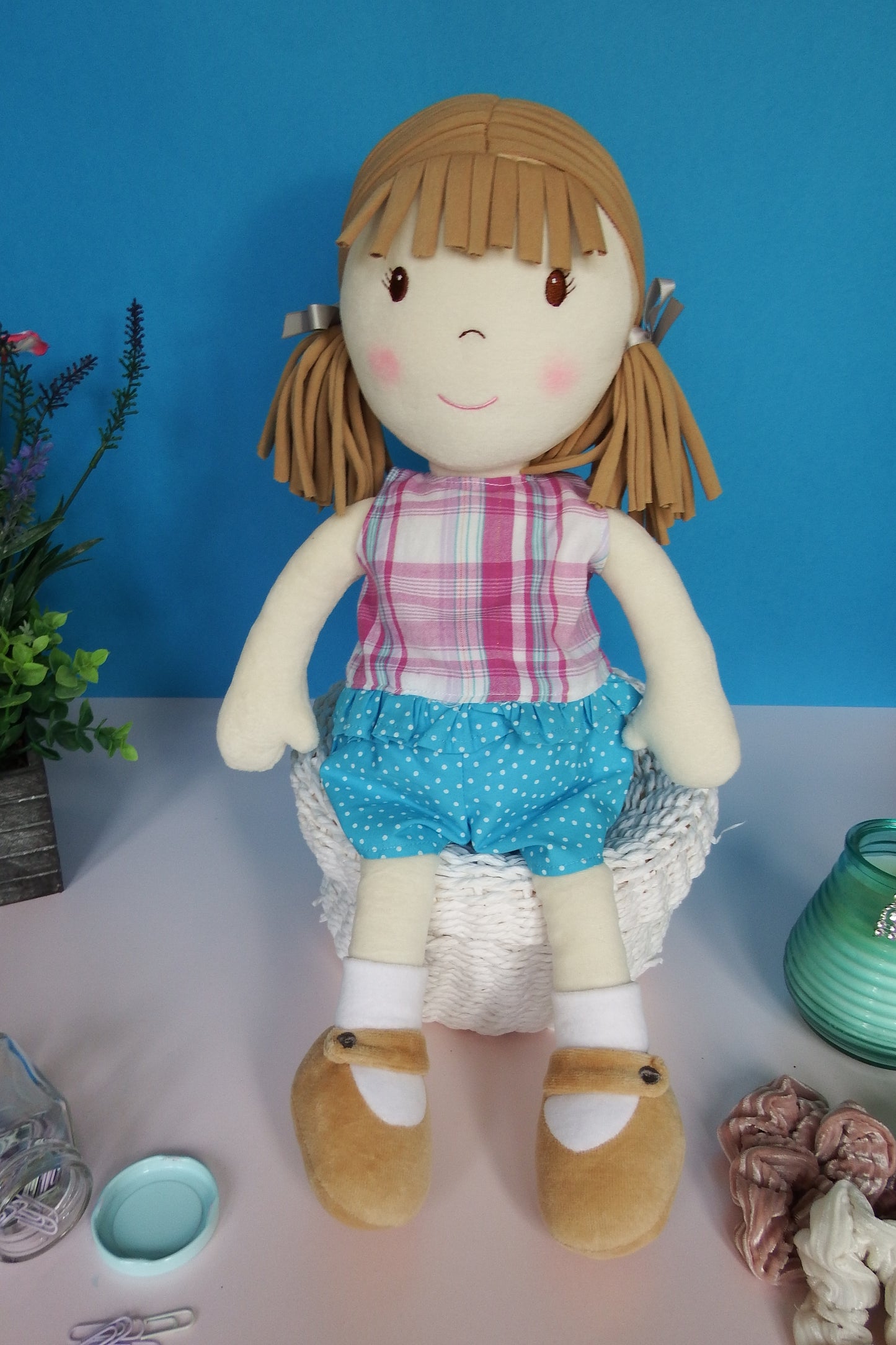 Rag Doll Belle - Blue shorts and Pink striped top