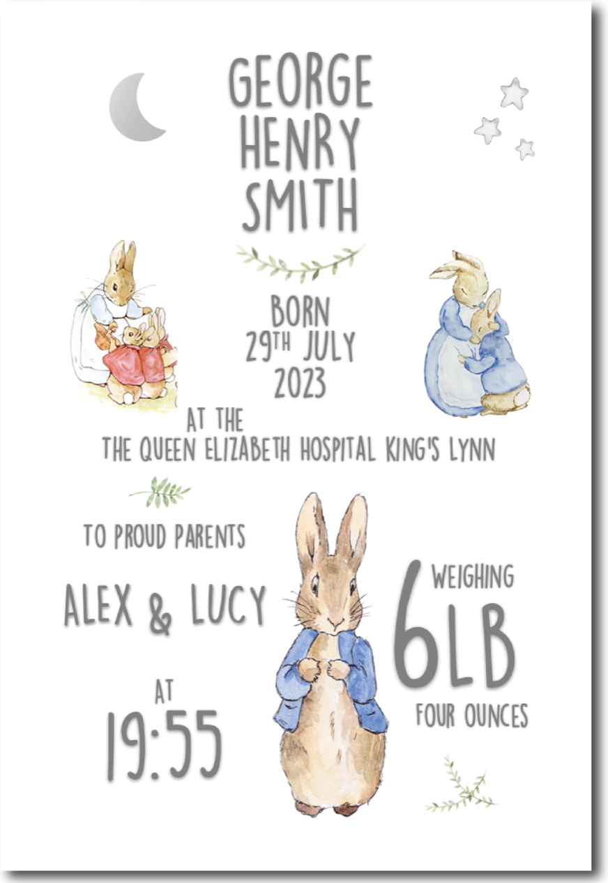 Newborn Birth Details Keepsake - Rabbit Design PRINT ONLY