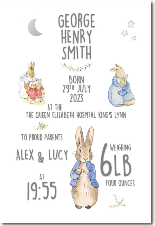 Newborn Birth Details Keepsake - Rabbit Design PRINT ONLY